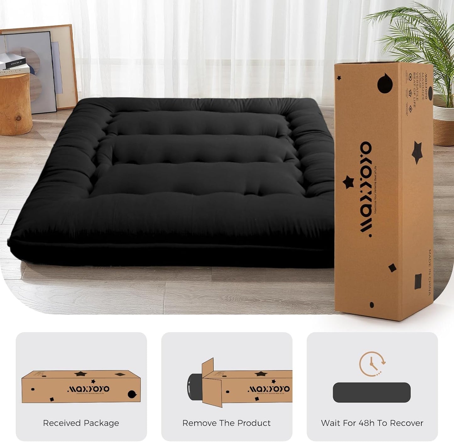 6" Thick Japanese Floor Mattress Futon Mattress, Foldable Tatami Pad for Adults, Roll up Floor Bed for Guest Room Bedroom RV, Black, Queen