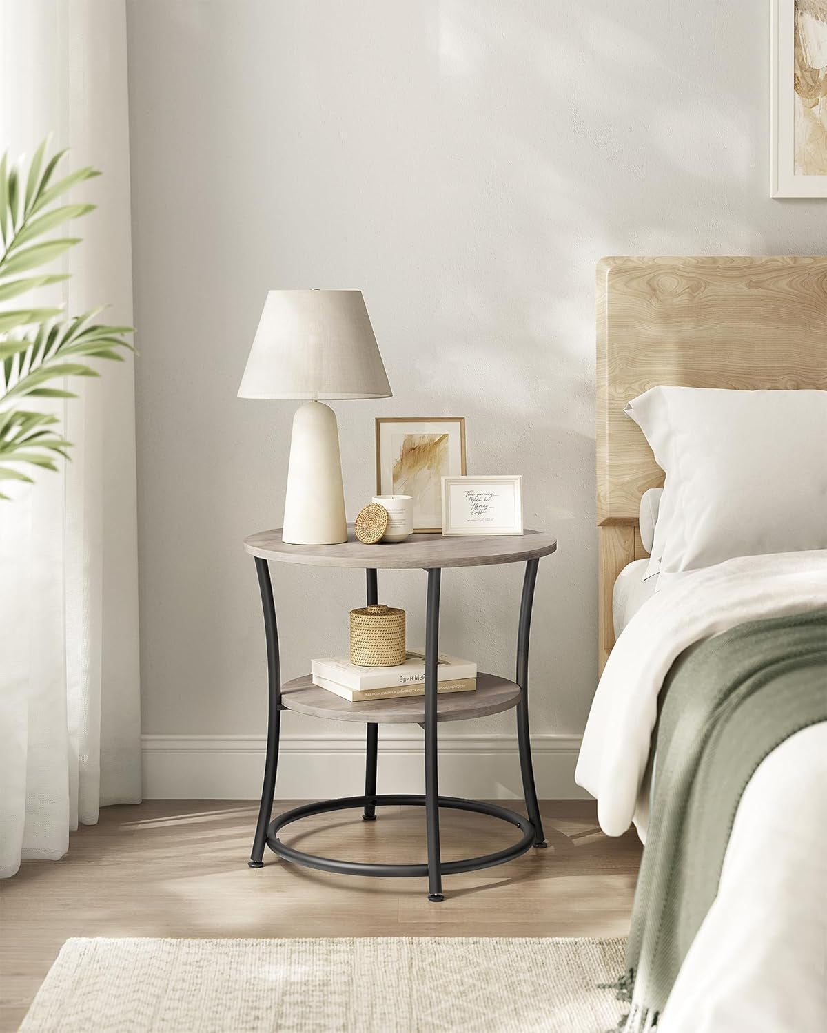 Side Table, 2-Tier round End Table with Power Outlets, Nightstand with Steel Frame for Small Spaces, Living Room, Bedroom, Honey Brown and Ink Black ULET077K02