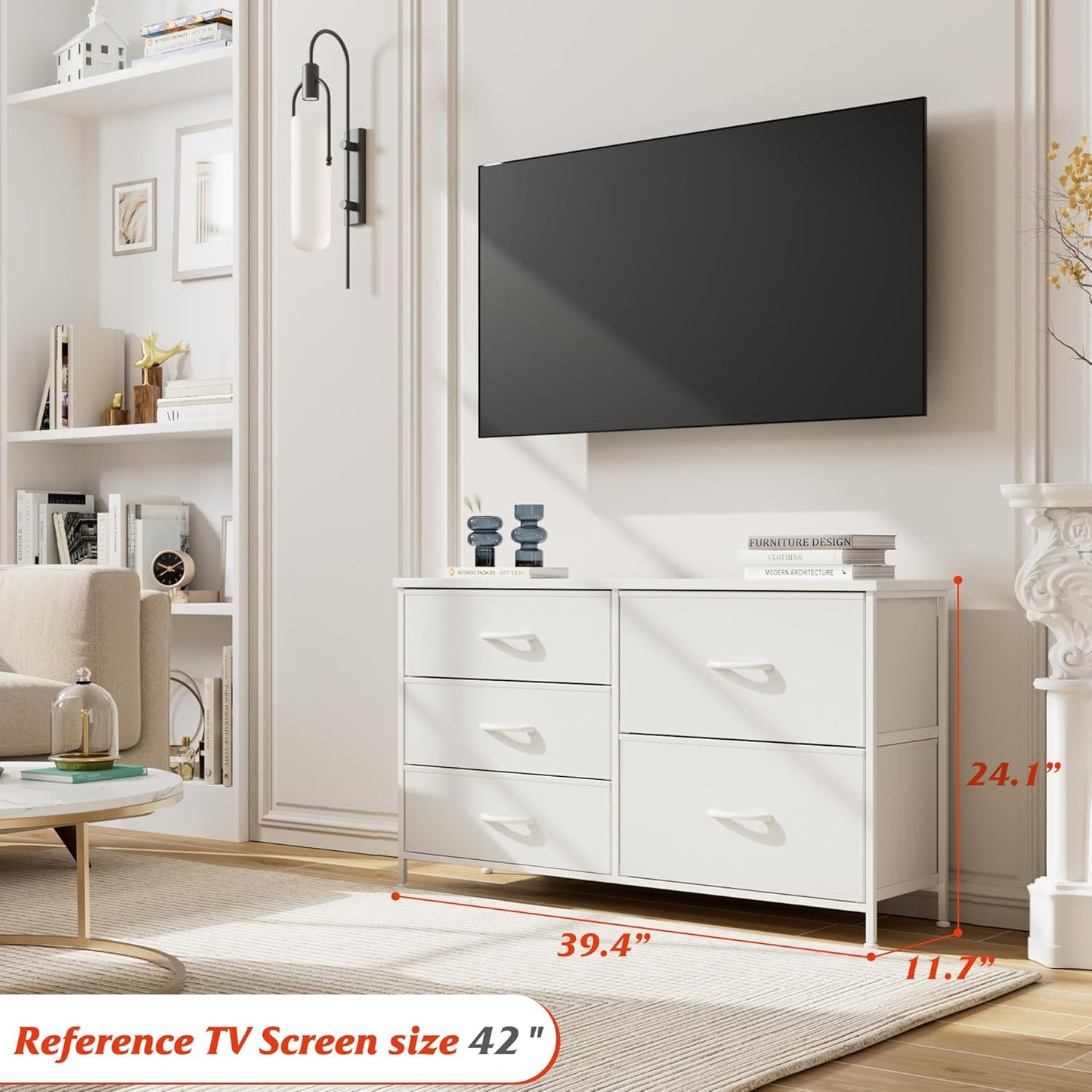 White Dresser for Bedroom with 5 Drawers, Small Dresser for Kids' Bedroom, Closet, Wide Chest of Drawers with Fabric Storage Drawers, Wooden Top, Steel Frame, Modern, White