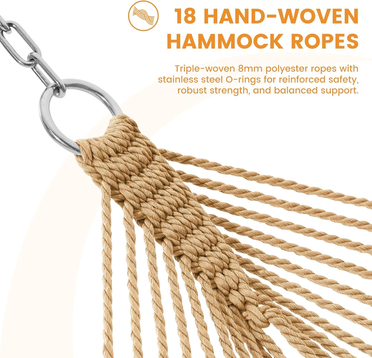 10.5 FT Double 2 Person Caribbean Rope Hammock, Hand Woven Polyester Hammock with Spreader Bars, for outside Outdoor Backyard Patio Poolside, 450 LBS Capacity, Tan