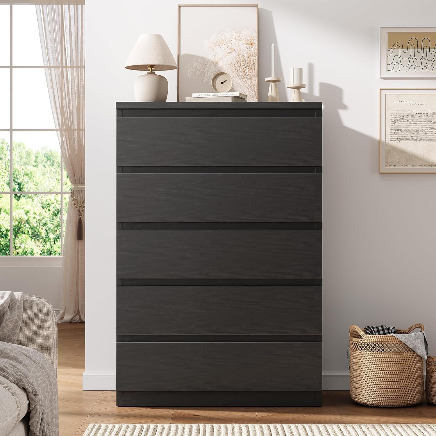 Black 5 Drawer Dresser for Bedroom, 15" D X 23.7" W X 40.4" H in Modern Chest of Drawers, Wood Storage Dresser with Handleless Drawers for Kids Bedroom, Living Room, Hallway, Entryway