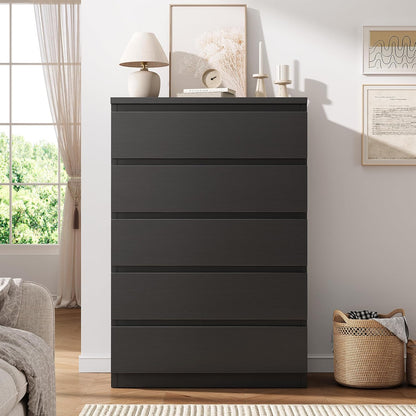 Black 5 Drawer Dresser for Bedroom, 15" D X 23.7" W X 40.4" H in Modern Chest of Drawers, Wood Storage Dresser with Handleless Drawers for Kids Bedroom, Living Room, Hallway, Entryway