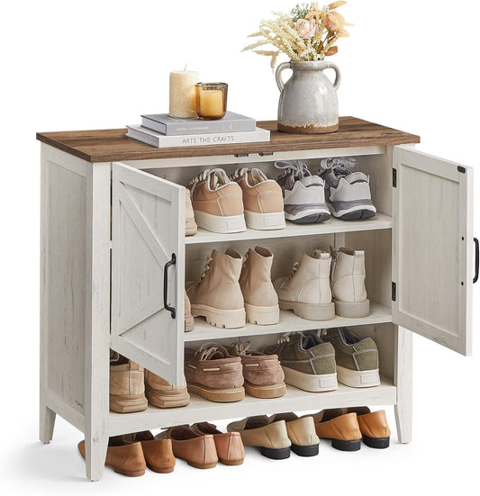 Shoe Cabinet, 3-Tier Shoe Storage Organizer, Farmhouse Freestanding Cabinet with Height-Adjustable Shelf, 13.8 X 31.5 X 27.6 Inches, Entryway, Rustic White ULBC038W01
