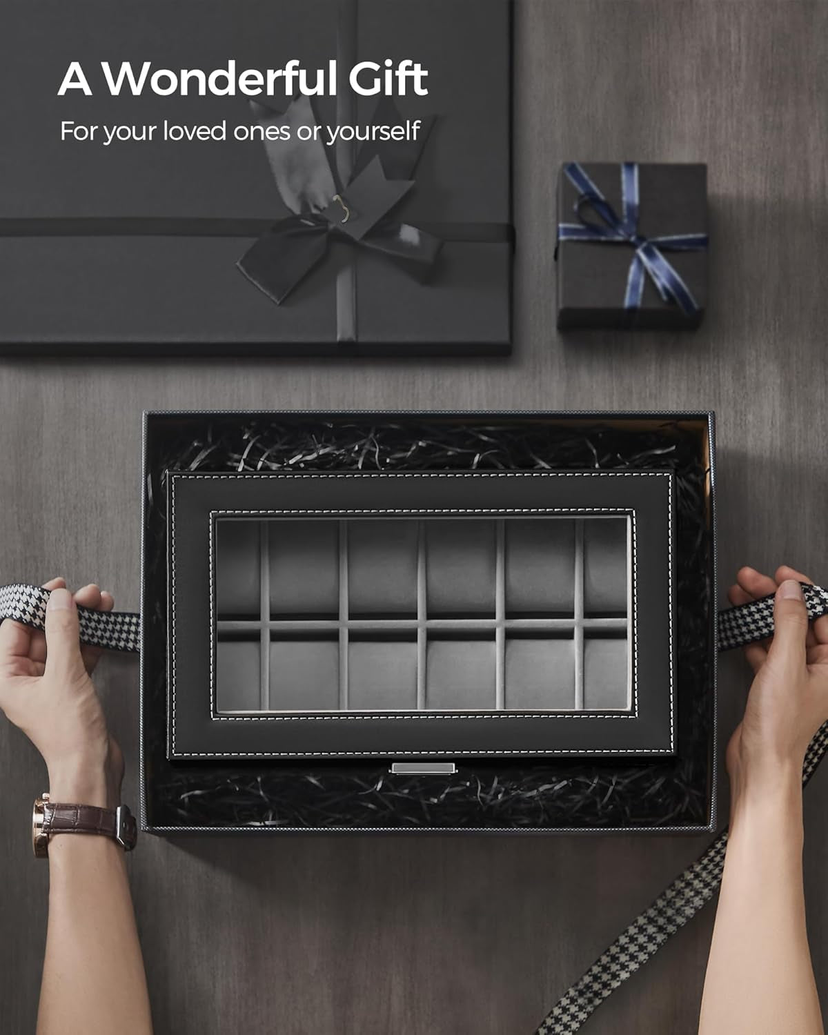 Watch Box, 12-Slot Watch Case Organizer with Large Glass Lid, 2 Layers, Removable Pillows, Metal Lock, Gift for Loved Ones, Black Synthetic Leather, Gray Lining UJWB012