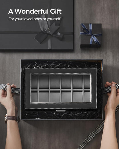 Watch Box, 12-Slot Watch Case Organizer with Large Glass Lid, 2 Layers, Removable Pillows, Metal Lock, Gift for Loved Ones, Black Synthetic Leather, Gray Lining UJWB012