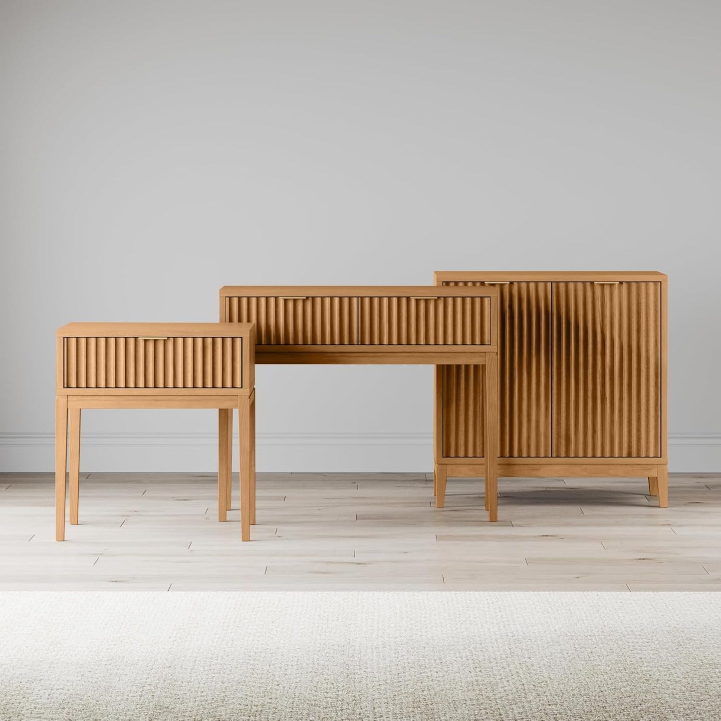 Jasper Mid-Century Modern Nightstand, Side Table with Storage and Fluted Drawer Doors with Brass Handles, Natural Brown, Set of 2