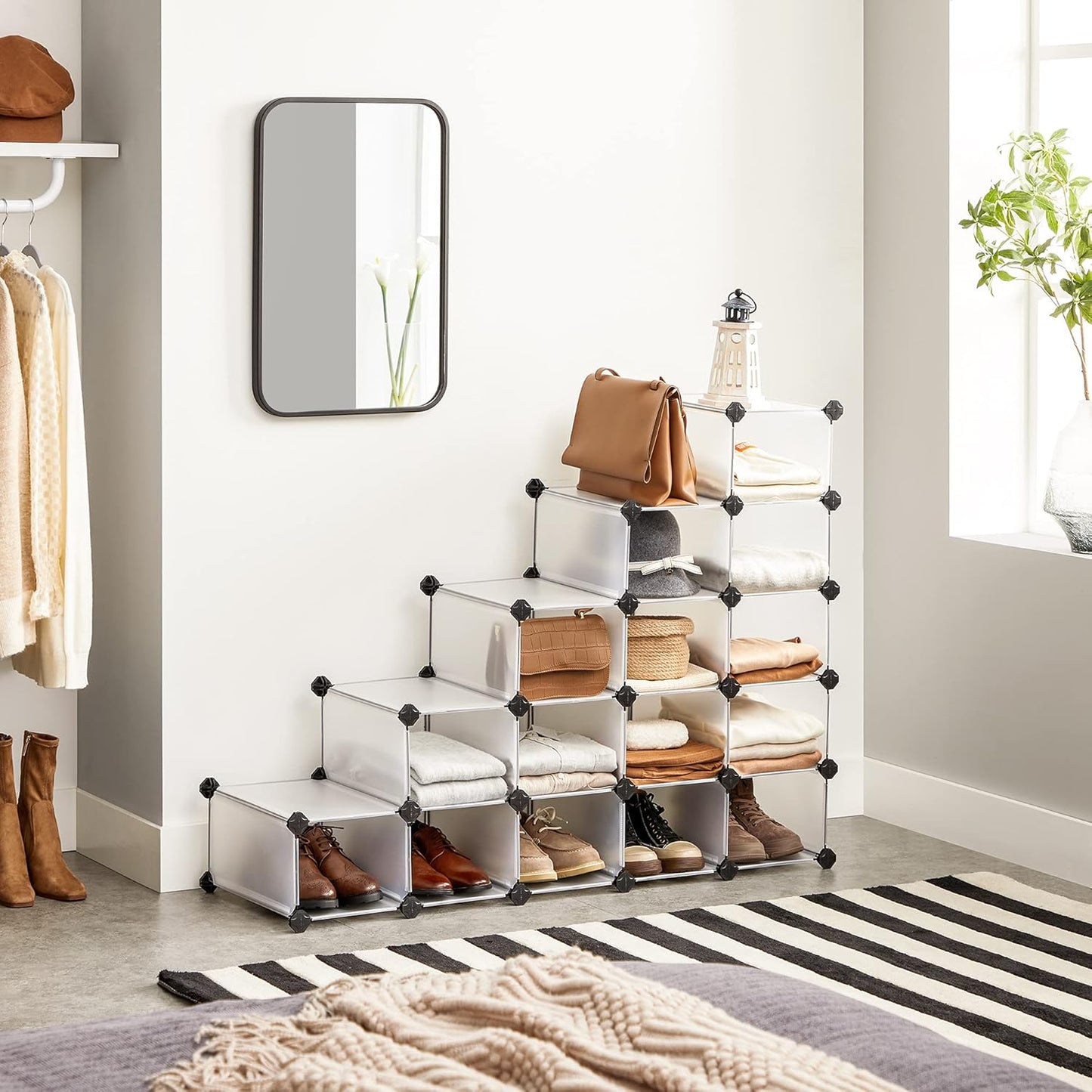 Shoe Rack with 16 Cubes, Interlocking Plastic Shoe Organizer, DIY Storage Cabinet for Closet Entryway Bedroom Garage, Space Saving Design, 12 X 35.1 X 27.2 Inches, Transparent ULPC445W02