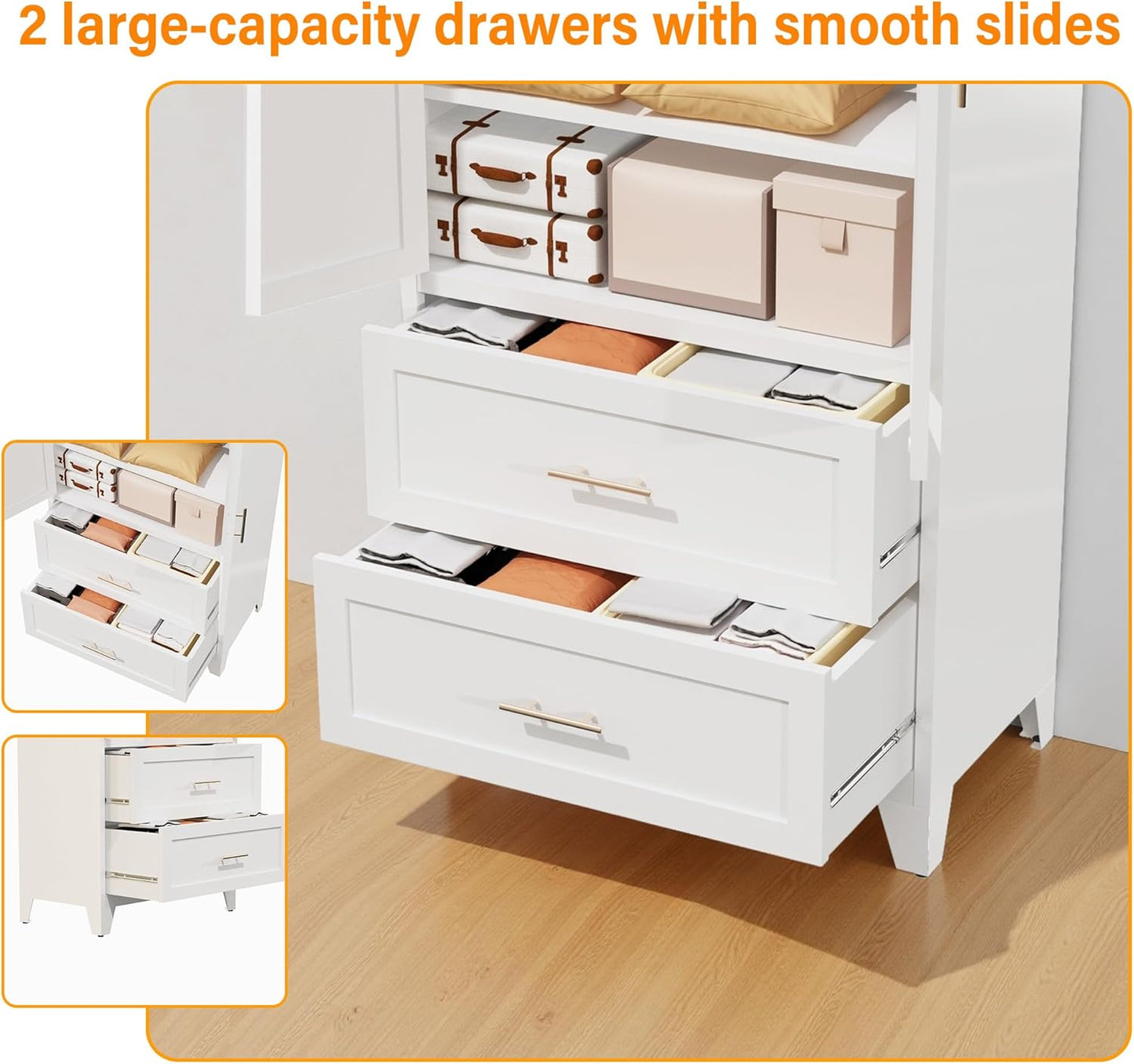 71 Inch Tall Metal Wardrobe Cabinet with 2 Drawers & Hanging Rod, Freestanding Closet with Adjustable Shelf, Space-Saving Storage Organizer for Bedroom, Entryway, Office, White