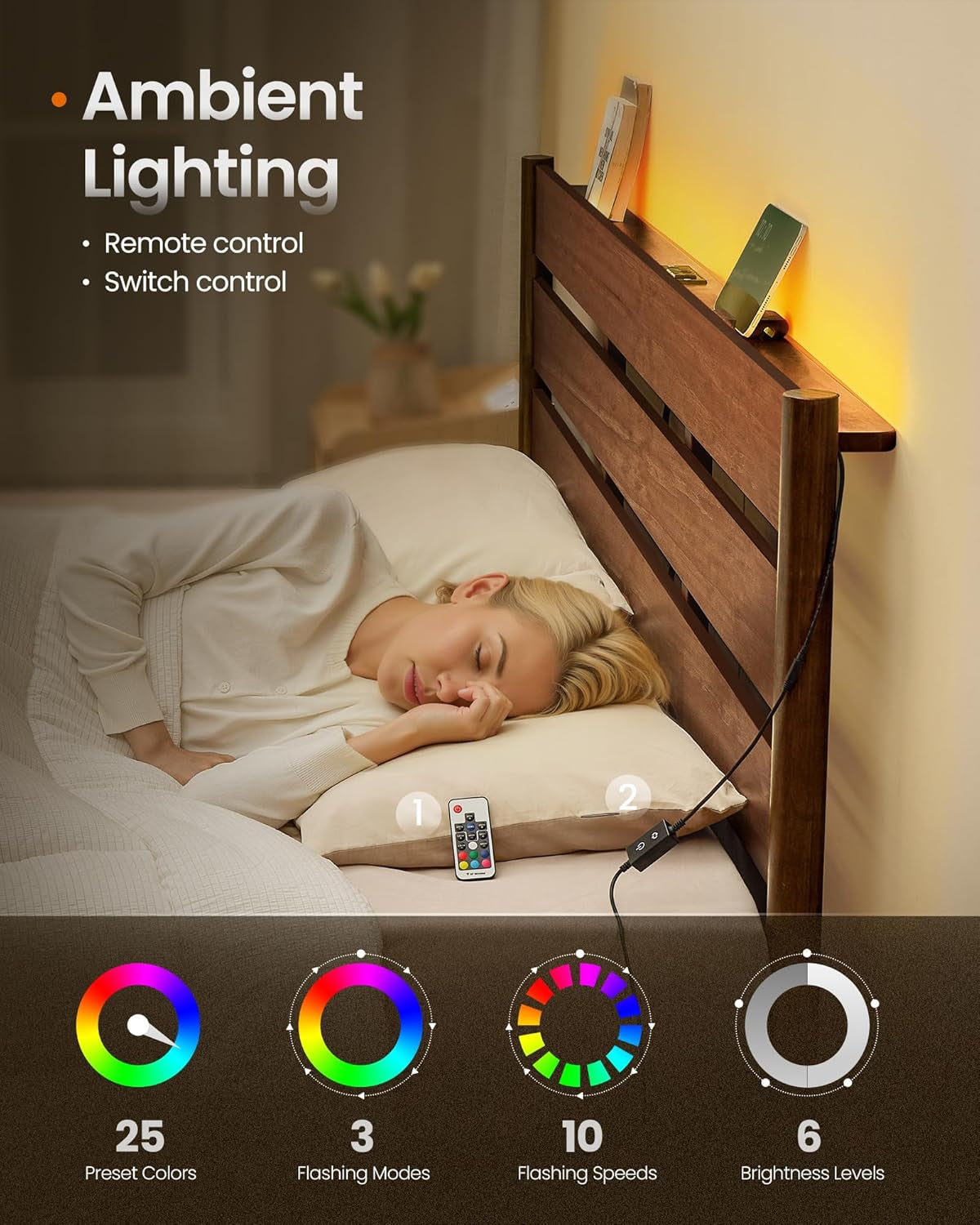 HOME King Bed Frame with Solid Wood Legs Slats, Platform Bed with Headboard, LED Lights, Charging Station, Mid-Century Modern Style, No Box Spring Needed, Coffee Brown URMB414K02