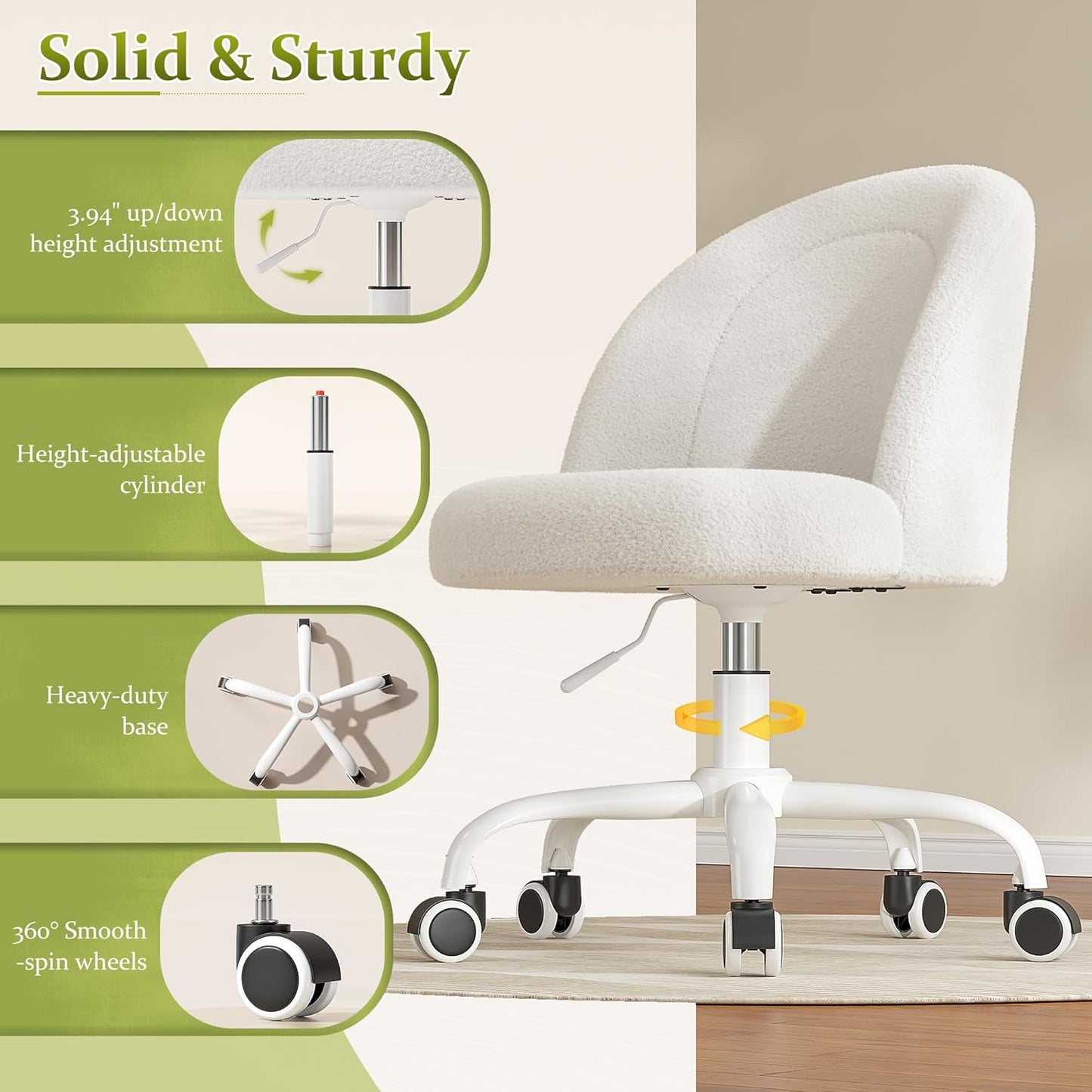 White Vanity Chair with Back, Cute Desk Chair with Wheels, Armless Office Chair Height Adjustable, Soft Lumbar Support for Small Space, Bedroom