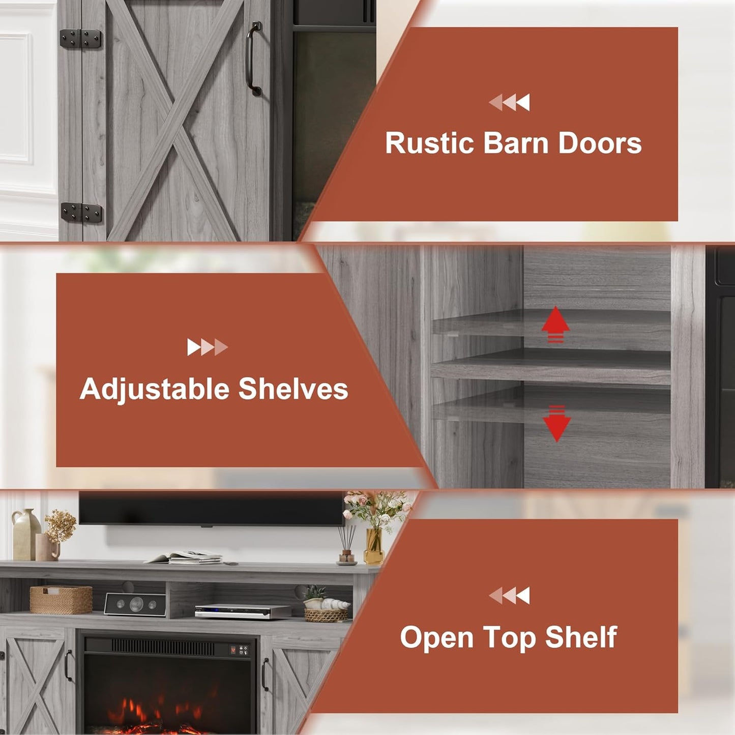 Farmhouse Fireplace TV Stand for Tvs up to 65 Inch Highboy Entertainment Center with Open Storage and Side Cabinets Rustic Media Console Table with Barn Doors for Living Room (Grey Wash)