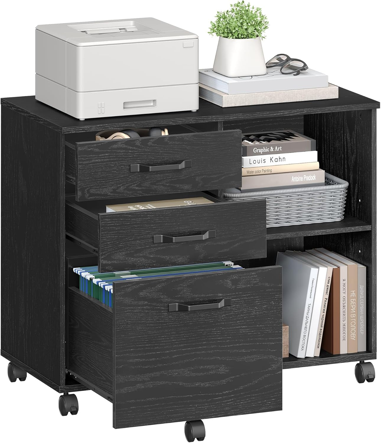Lateral File Cabinet, Home Office Printer Stand, 3-Drawer Mobile Filing Cabinet with Open Storage Shelves, for A4, Letter-Size Files, Black with Wood Grain UOFC041B56