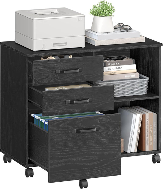 Lateral File Cabinet, Home Office Printer Stand, 3-Drawer Mobile Filing Cabinet with Open Storage Shelves, for A4, Letter-Size Files, Black with Wood Grain UOFC041B56