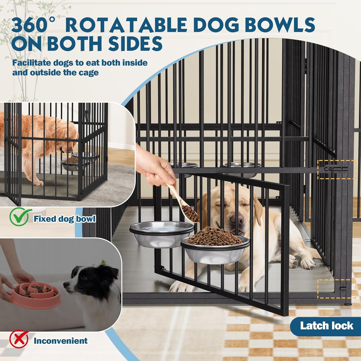 71.5" Dog Crate Kennel Furniture Indoor, Large Double Dog Crate TV Stand W/Led Light & Power Outlet, Furniture Style Wooden Dog Cage for Large Medium Dogs W/4 Lockable Doors & Rotating Bowls