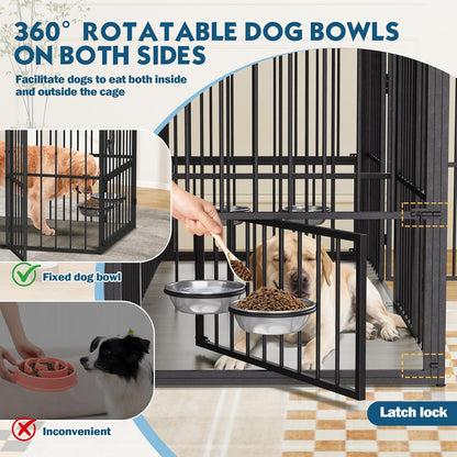 71.5" Dog Crate Kennel Furniture Indoor, Large Double Dog Crate TV Stand W/Led Light & Power Outlet, Furniture Style Wooden Dog Cage for Large Medium Dogs W/4 Lockable Doors & Rotating Bowls