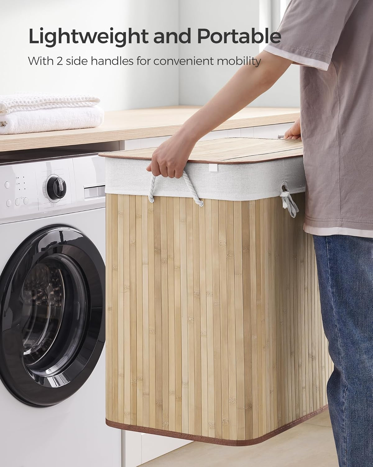 Laundry Hamper, 39.6 Gallons (150L), 3-Section Laundry Basket, Laundry Hamper with Lid, Bamboo, Foldable, Removable and Machine Washable Liner, for Laundry Room, Bedroom, Natural ULCB091N01