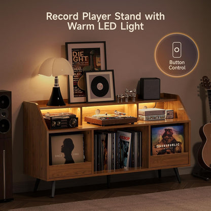 55 Inch Record Player Stand with LED Light, Modern Vinyl Record Storage Cabinet with 2 Drawers & Open Shelves, Holds up to 500 Albums, Turntable Stand W/Charging Station for Living Room Bedroom Walnut