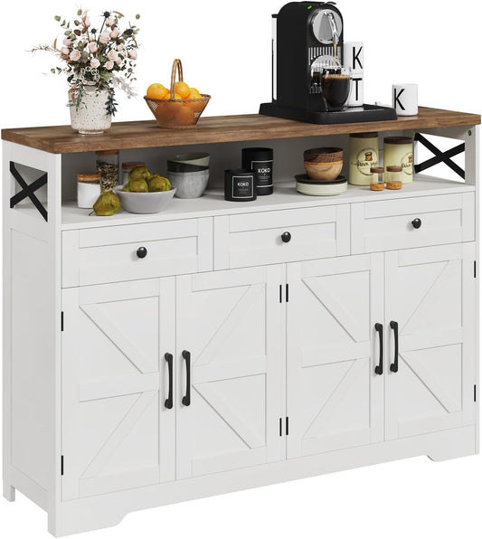 Farmhouse Buffet Cabinet with Drawers & Open Shelf, Sideboard Storage Cabinet, Kitchen Hutch Pantry, Wood Coffee Bar Station for Kitchen, Living Room, Hallway, 52" L White