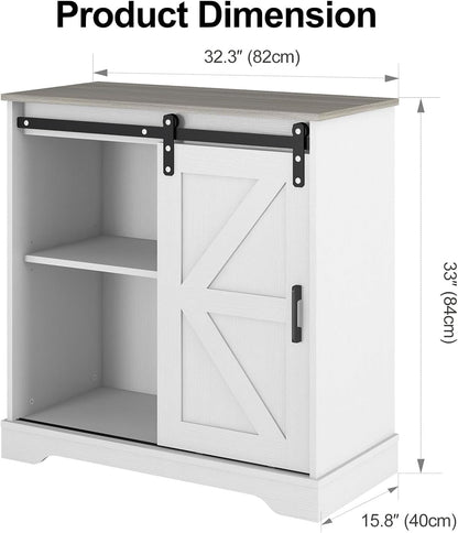 Sliding Barn Door Buffet Sideboard Storage Cabinet Coffee Bar Kitchen Farmhouse Style (White Cabinet Nature Top)