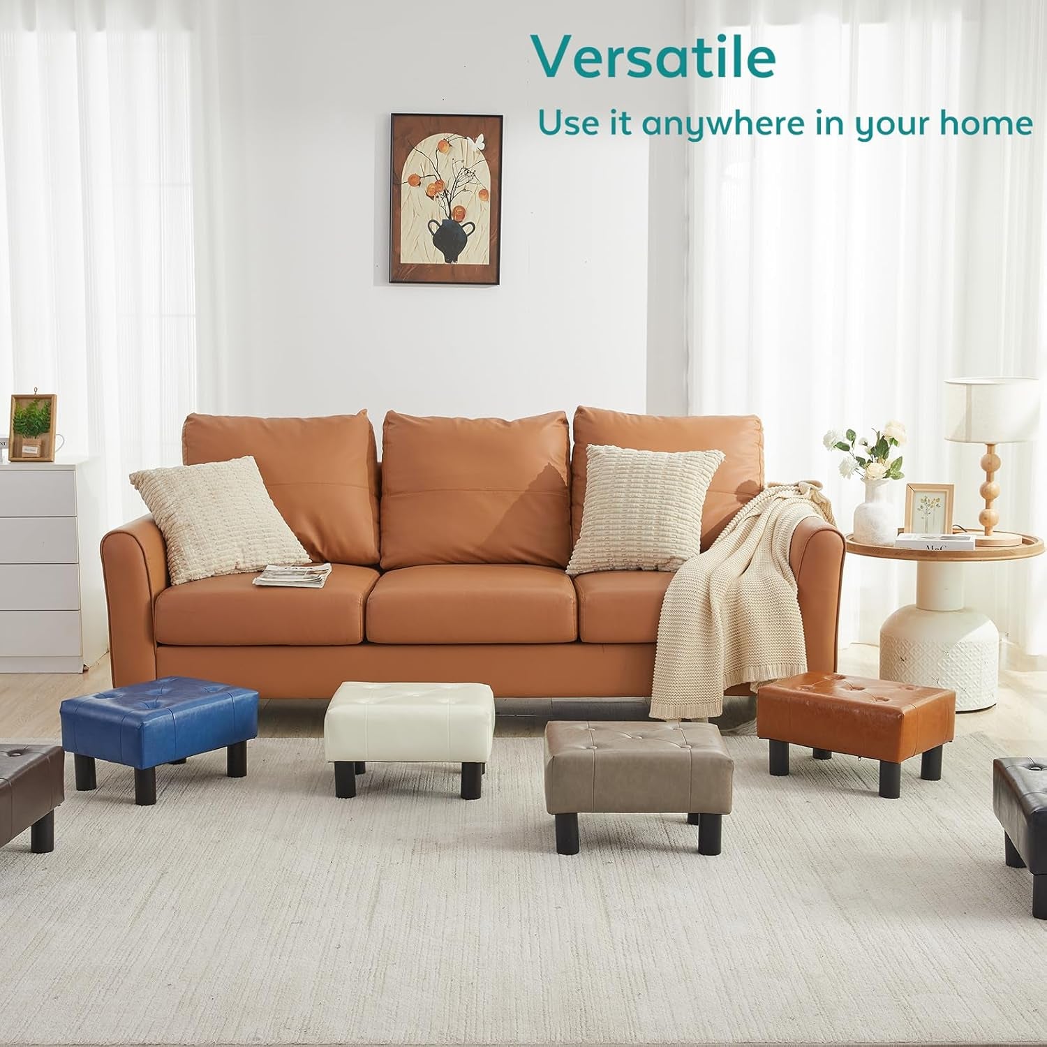 Small Foot Stool Ottoman, Faux Leather Footstool Ottoman Foot Rest for Couch, Rectangle Footstools and Ottomans Small for Living Room, Entryway and Bedroom (Brown)