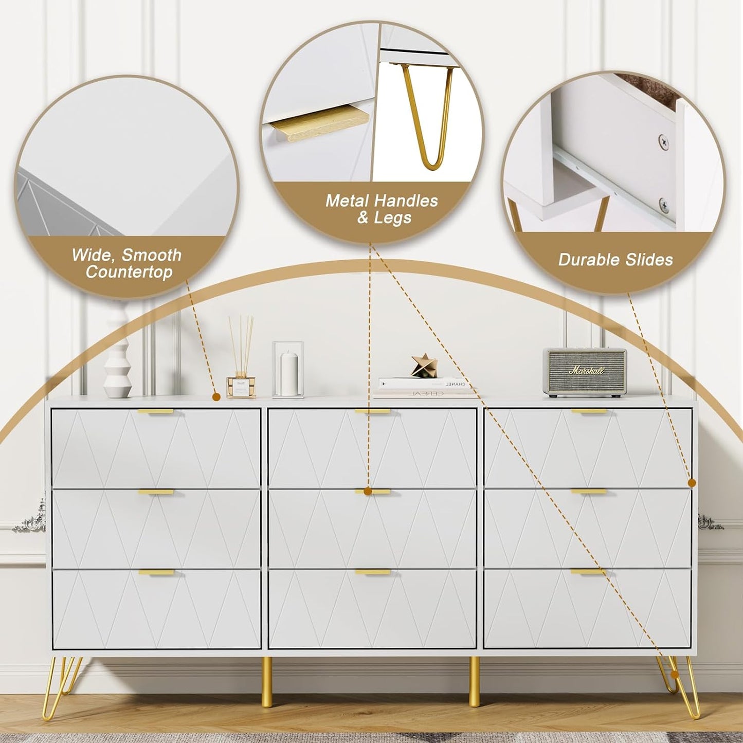 Modern Nightstands and 9 Drawer Dresser Sets Bedside Table Set Bedroom Set 3-Piece White