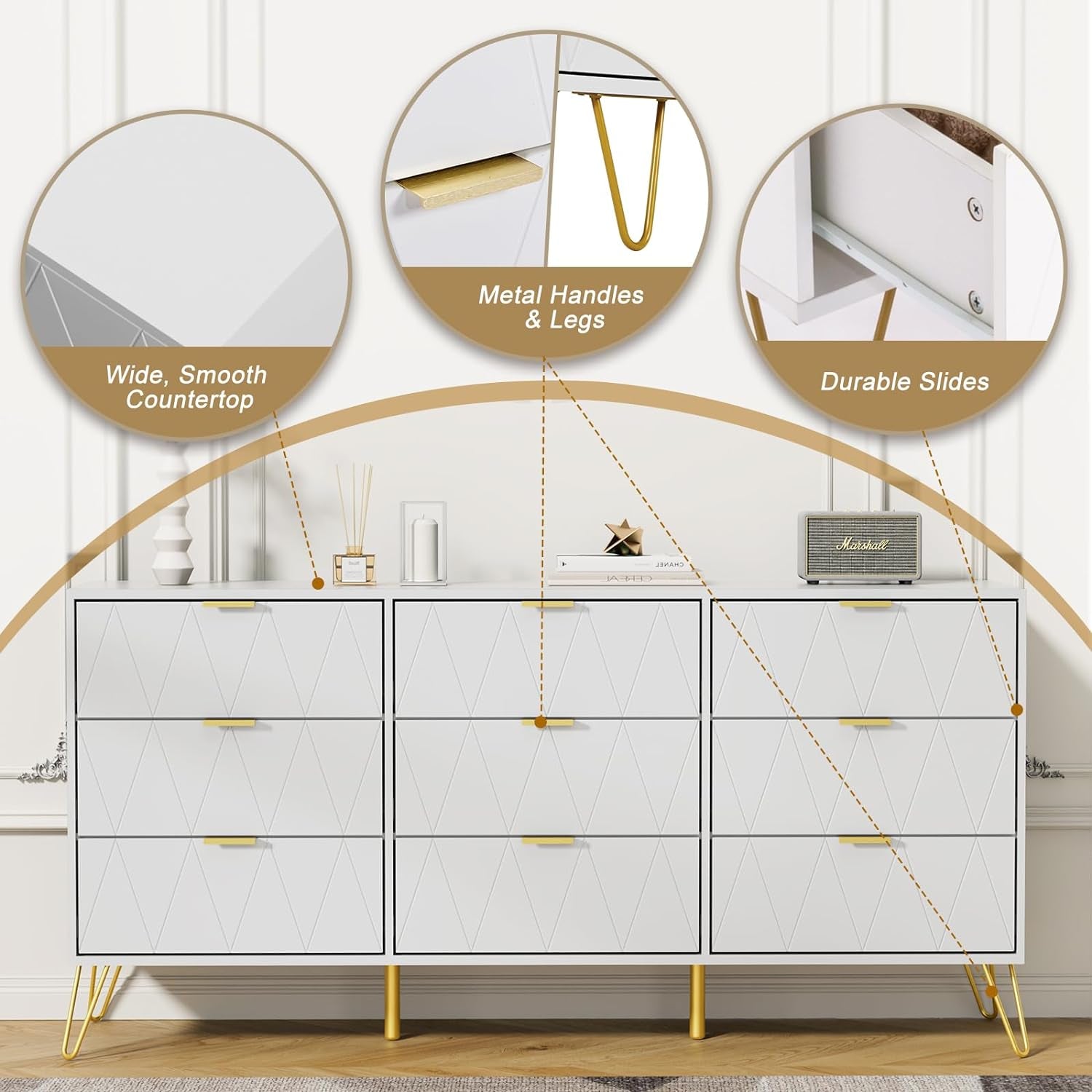 Modern Nightstands and 9 Drawer Dresser Sets Bedside Table Set Bedroom Set 3-Piece White