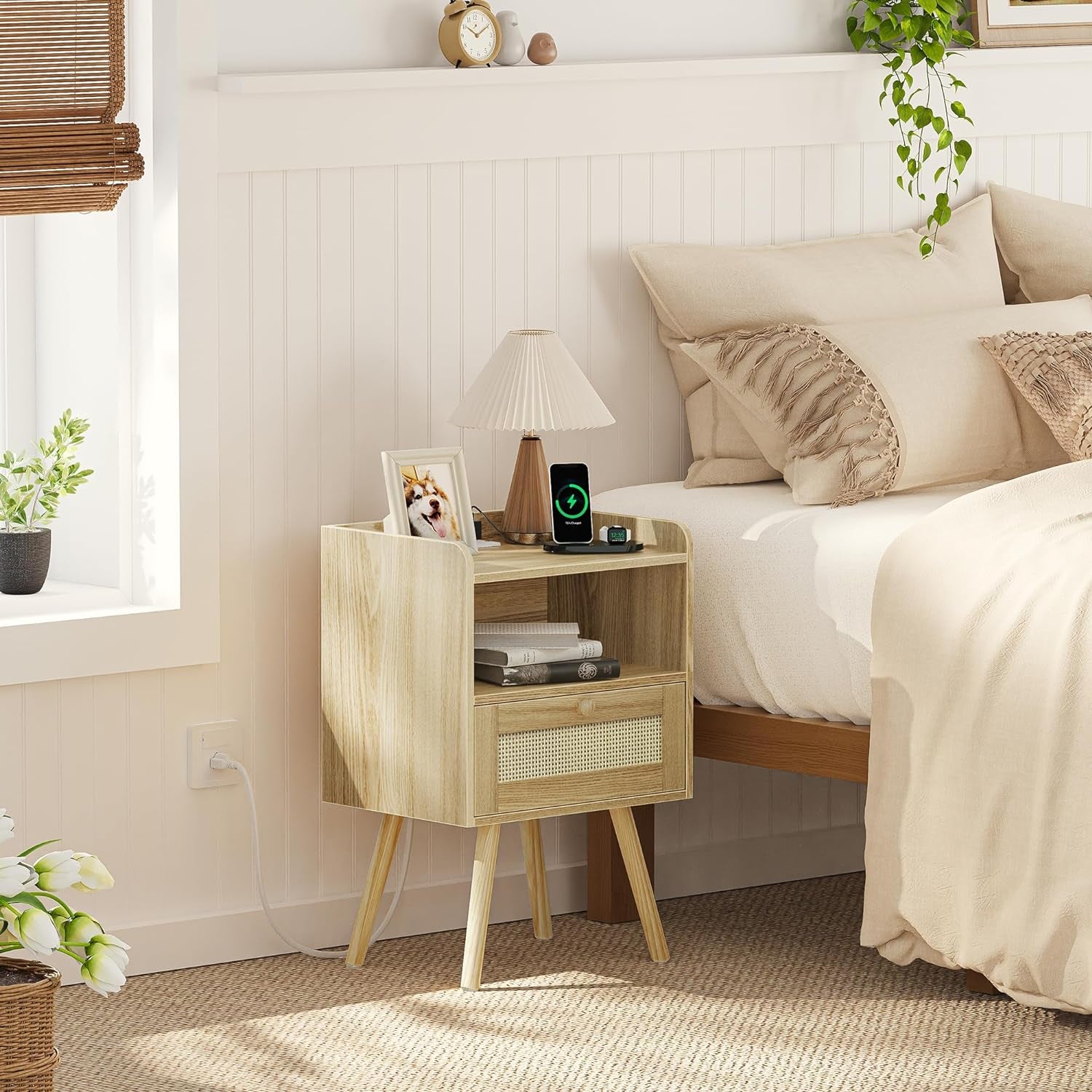 Nightstands Set of 2, Night Stands with Charging Station & PE Rattan Decor Drawer, Bed Side Tables with Solid Wood Feet, End Table, for Bedroom, Living Room - Natural