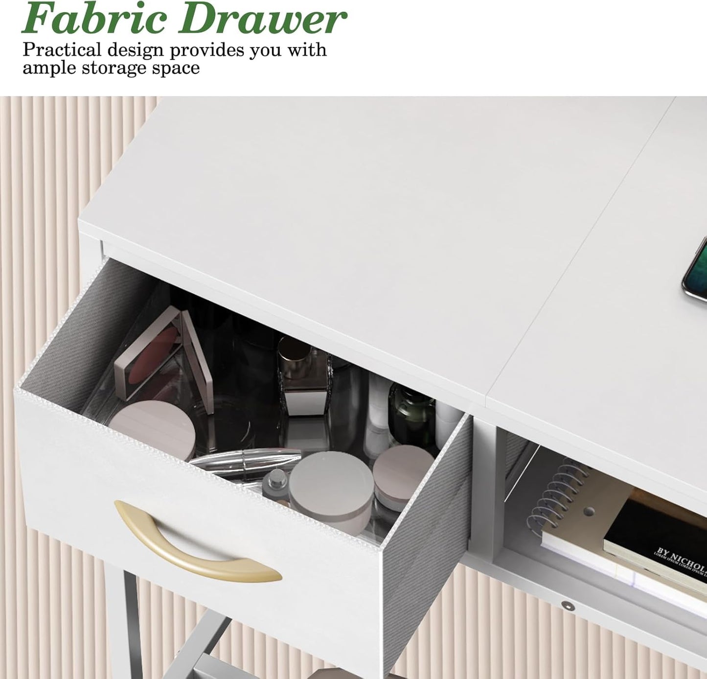 Small Vanity Desk No Mirror, 23.6 Inch Makeup Vanity Table with Fabric Drawers Power Outlet, Compact Makeup Desk for Girls Bedroom and Small Space, White