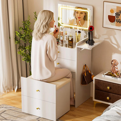 Makeup Vanity Desk with Mirror and Lights, Small 3 in 1 Vanity Table with Visible Glass Top, Flip Top & 3 Drawers, Compact Dresser with Storage Stool for Bedroom, Office or Nightstand