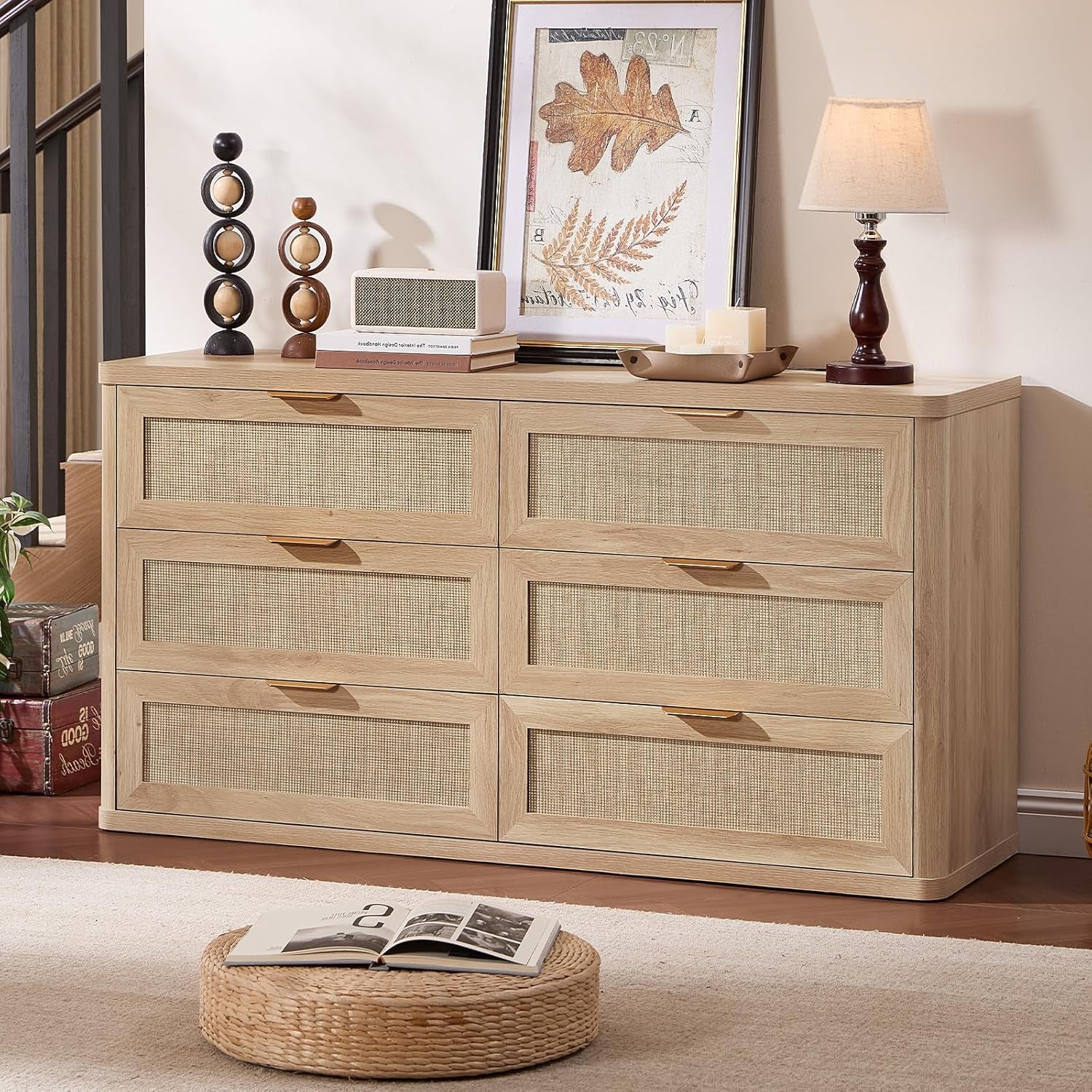 Rattan 6 Drawer Dresser for Bedroom, Boho 54" Wide Natural Wood Dresser Chest of Drawers, Dressers TV Stand with Metal Handle, Storage Dressers Closet Organizer for Living Room, Hallway