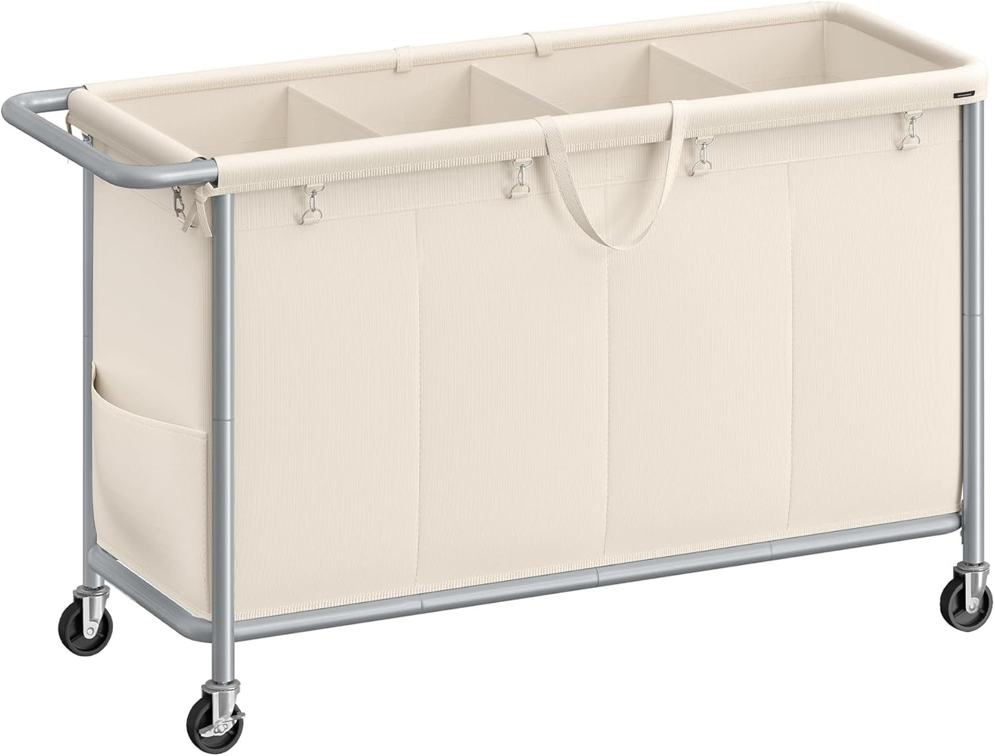 Laundry Basket with Wheels, 4-Section Rolling Laundry Hamper, 68.6 Gallons (260 L), Removable Liner, Steel Frame with Handle, 43.3 X 15.4 X 31.9 Inches, Cream White URLS014W01
