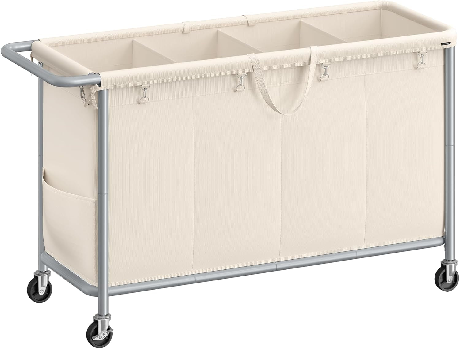 Laundry Basket with Wheels, 4-Section Rolling Laundry Hamper, 68.6 Gallons (260 L), Removable Liner, Steel Frame with Handle, 43.3 X 15.4 X 31.9 Inches, Cream White URLS014W01