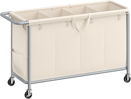 Laundry Basket with Wheels, 4-Section Rolling Laundry Hamper, 68.6 Gallons (260 L), Removable Liner, Steel Frame with Handle, 43.3 X 15.4 X 31.9 Inches, Cream White URLS014W01