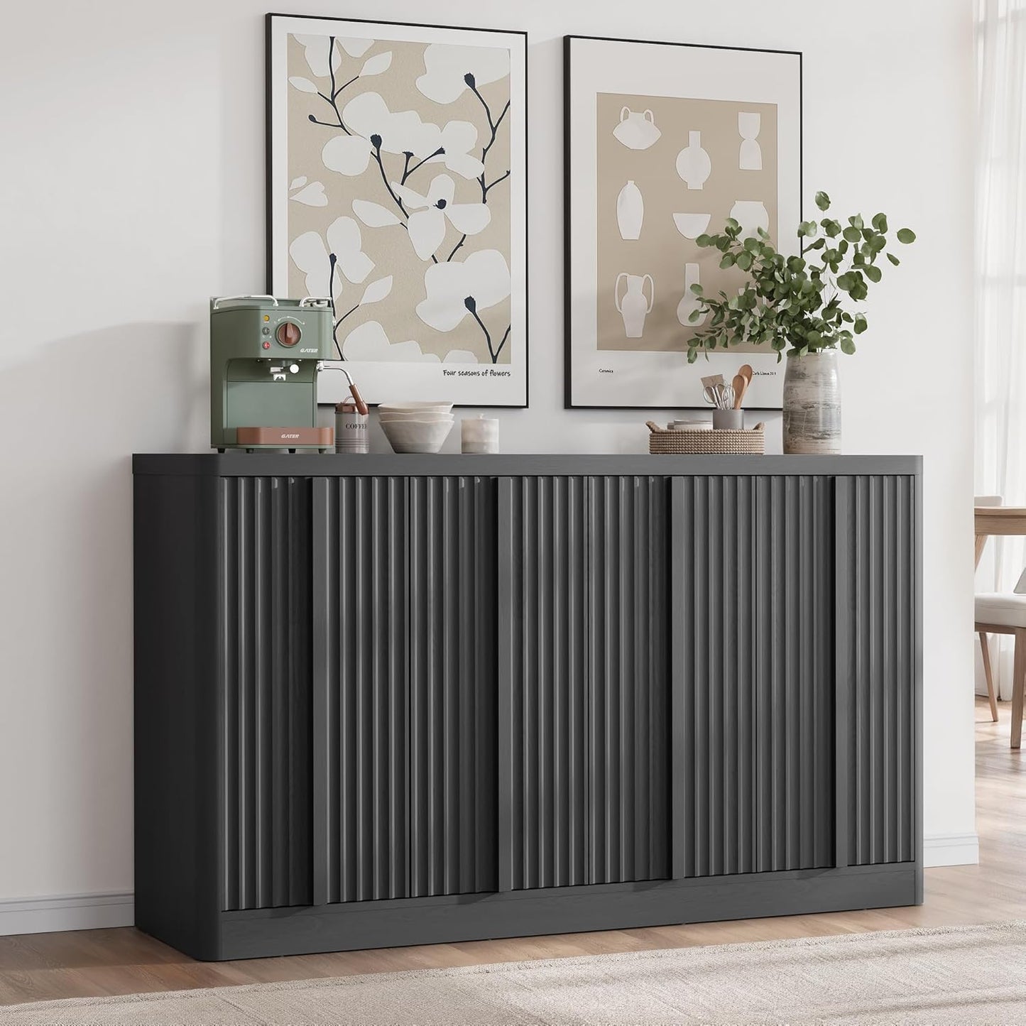 Fluted Buffet Cabinet with Storage, 60" Sideboard Buffet Storage Cabinet with 4 Doors & Adjustable Shelves, Wood Coffee Bar Credenza Accent Cabinet for Kitchen, Living Room, Black(1Pcs)