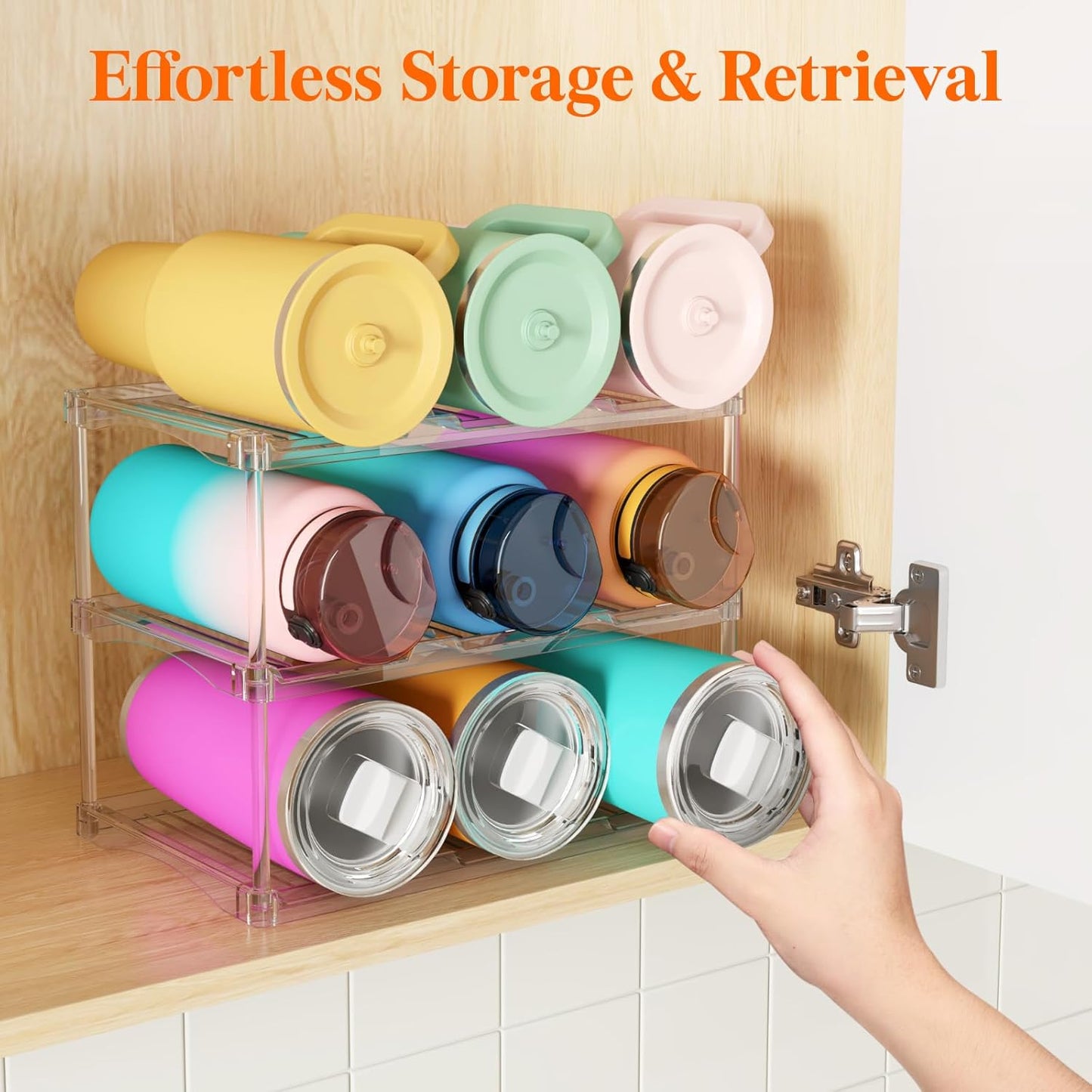 Stackable Water Bottle Storage Organizer, Clear Freestanding Wine Bottle Holder for Cabinet, Tumbler Cup Organizer, Plastic Large Compartment Wine Rack for Fridge Cellar, 3Tier Hold 9