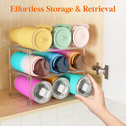 Stackable Water Bottle Storage Organizer, Clear Freestanding Wine Bottle Holder for Cabinet, Tumbler Cup Organizer, Plastic Large Compartment Wine Rack for Fridge Cellar, 3Tier Hold 9