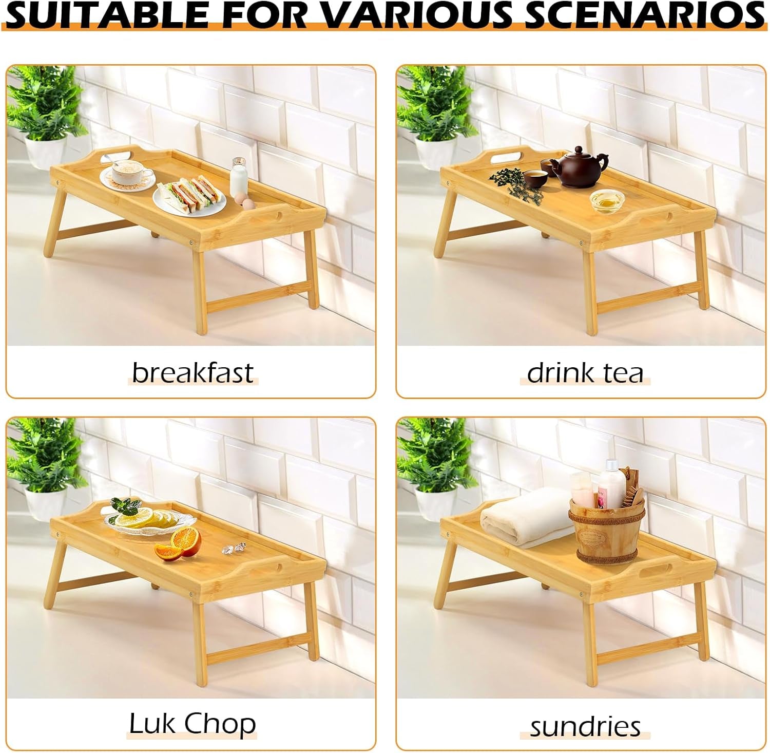 Bamboo Bed Tray Table, Folding Legs and Handles, Breakfast Tray, Laptop Desk for Bed or Sofa, Serving Tray for Eating, Working, Reading,Picnic