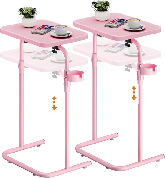 C Shaped End Table with Tiltable Surface, Set of 2, Adjustable Height Side Table, Slide under Couch Table TV Tray for Eating, Sofa Tray for Livingroom, Bedroom Pink TB01BP0912