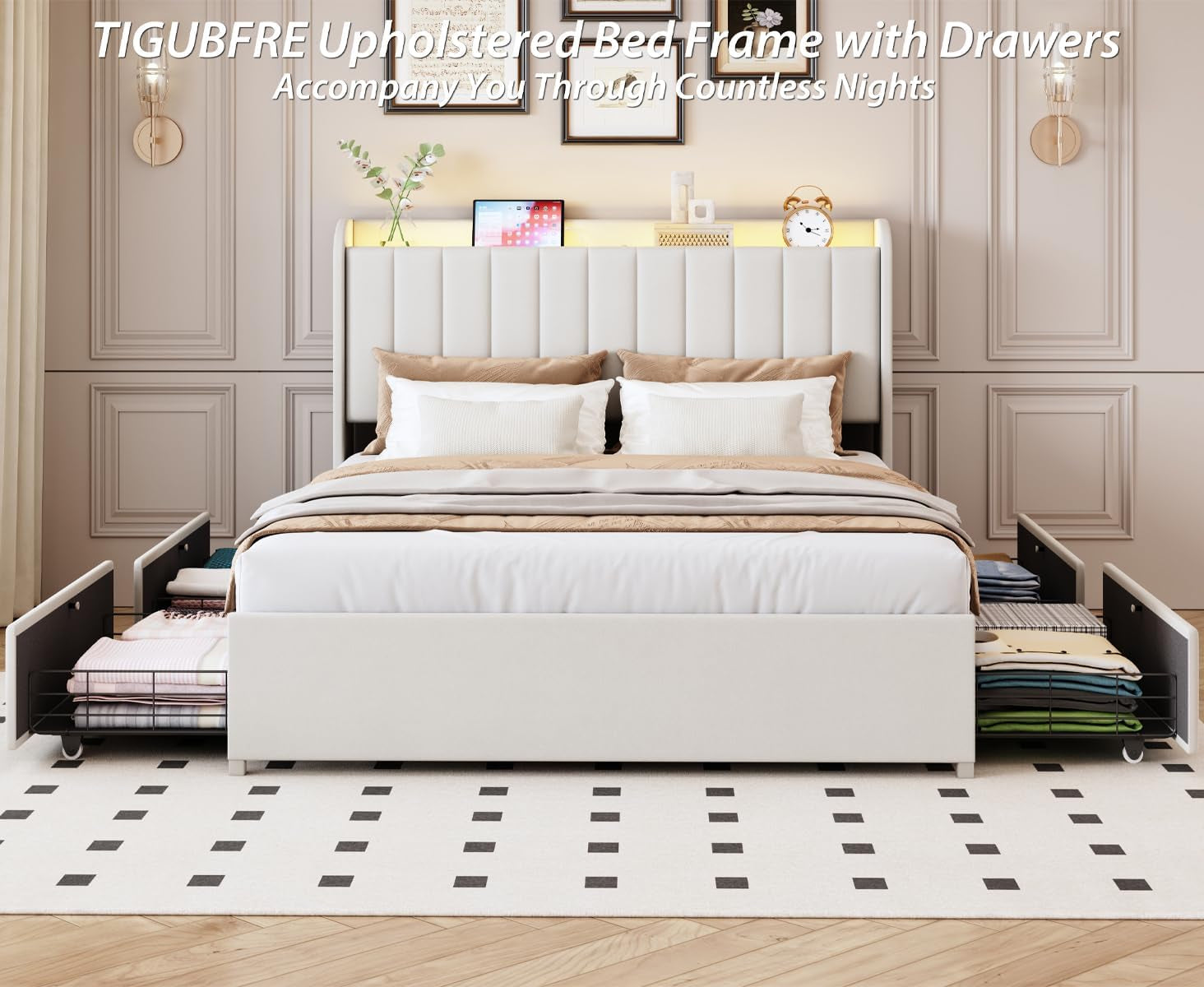 Queen Bed Frame with 4 Drawers and Storage Headboard, Upholstered Platform Bed Frame Queen Size with Led Lights and Handy Charging Station, No Box Spring Needed, Easy Assembly, Noise Free, Beige
