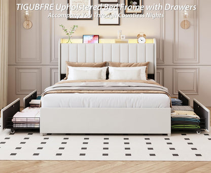 Queen Bed Frame with 4 Drawers and Storage Headboard, Upholstered Platform Bed Frame Queen Size with Led Lights and Handy Charging Station, No Box Spring Needed, Easy Assembly, Noise Free, Beige