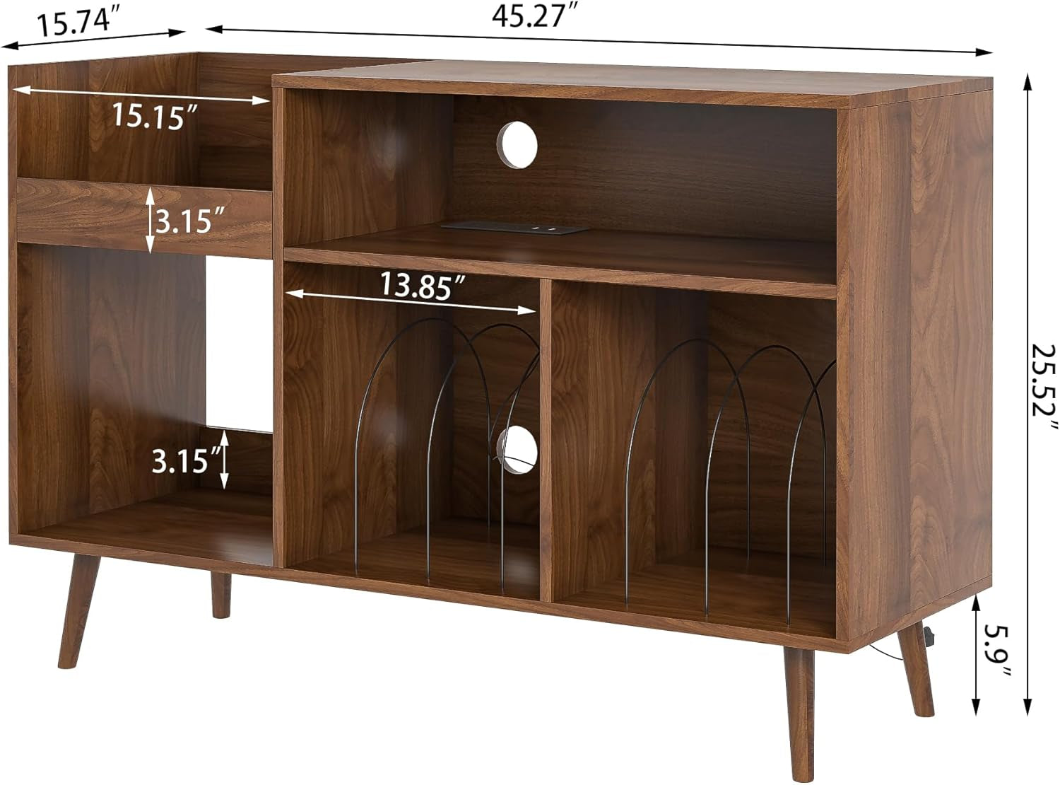 Record Player Stand with Charging Station & USB Ports, Mid-Century Turntable Stand Table Holds up to 300 Albums, Vinyl Record Storage Cabinet with Wood Legs for Living Room Office(Walnut)