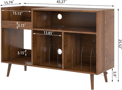 Record Player Stand with Charging Station & USB Ports, Mid-Century Turntable Stand Table Holds up to 300 Albums, Vinyl Record Storage Cabinet with Wood Legs for Living Room Office(Walnut)
