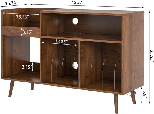 Record Player Stand with Charging Station & USB Ports, Mid-Century Turntable Stand Table Holds up to 300 Albums, Vinyl Record Storage Cabinet with Wood Legs for Living Room Office(Walnut)