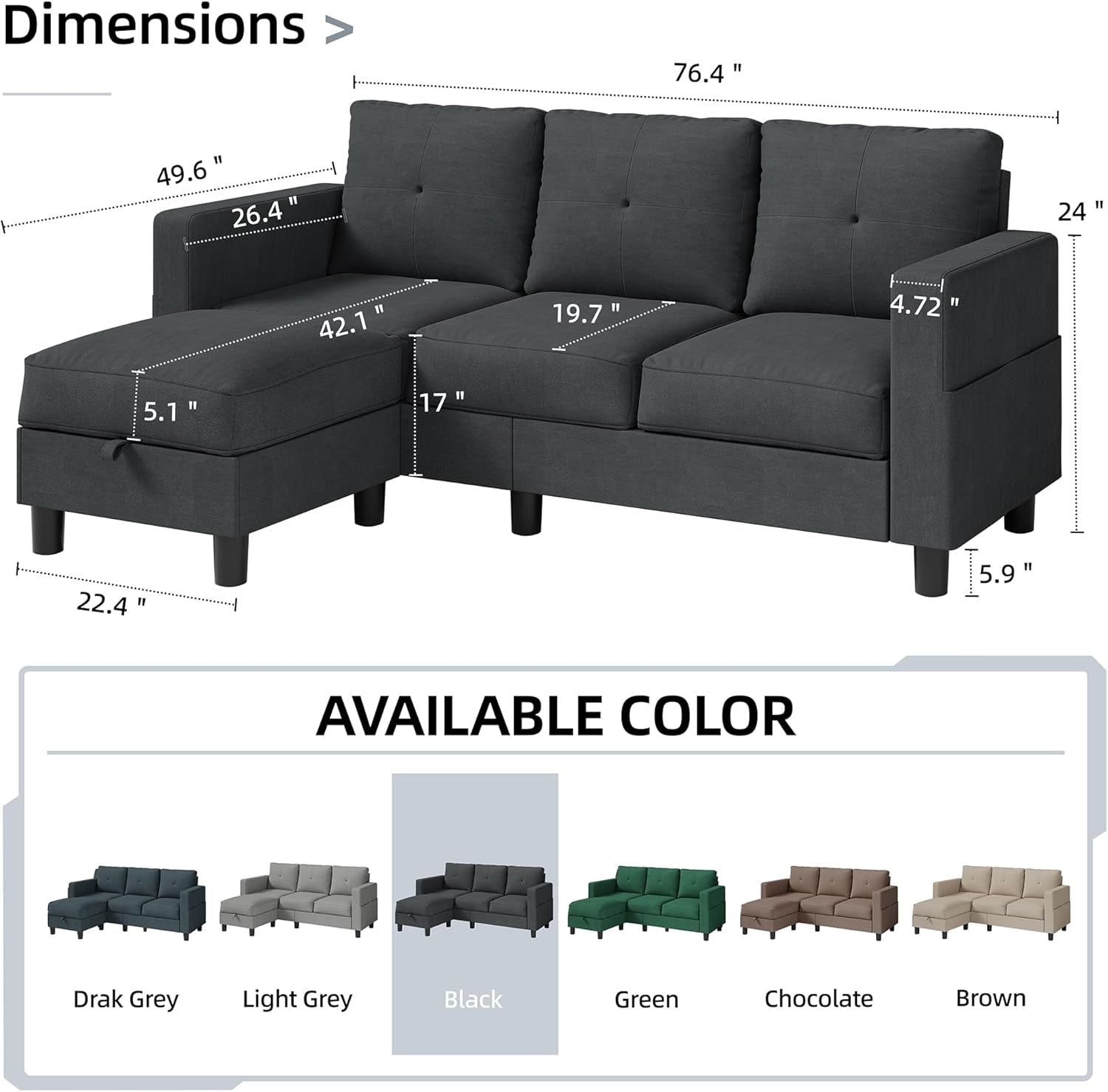 76" Modern Upholstered Sectional Sofa, L-Shaped Couch with Storage Ottoman and Reversible Chaise for Living Room, Black Linen Fabric