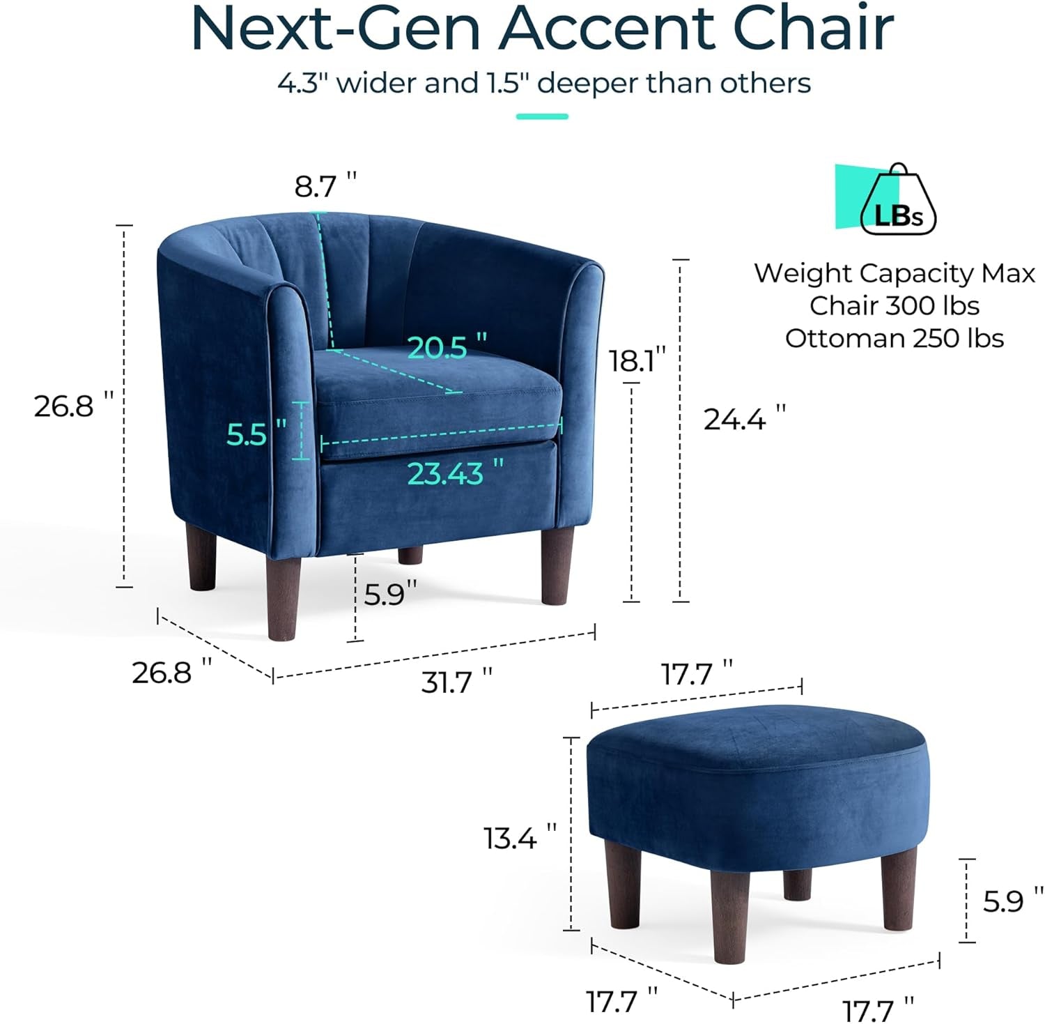 Accent Chair with Ottoman, Modern Armchair Comfy Barrel Reading Chair with Footrest for Living Room Bedroom Reading Room, Velvet, Blue