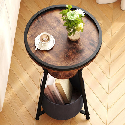 round Side Table, Small Drink Table for Small Spaces, 3-Tier Industrial End Table, Accent Nightstand Bedside Table for Living Room, Bedroom, Sofa Couch, Rustic Brown