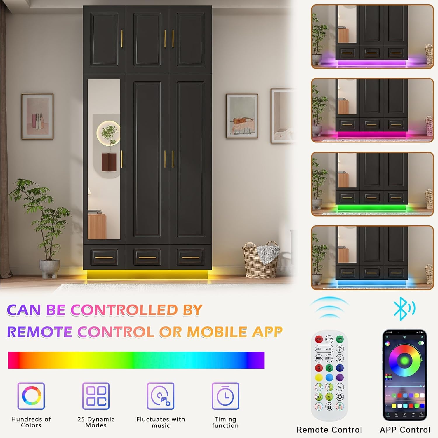 Large Armoire Wardrobe Closet Cabinet with Drawers and LED Lights, Multi-Tier Shelves, Hanging Rod, Large Capacity Storage 3 Door Wardrobe Armoire with Top Cabinet for Bedroom, Black