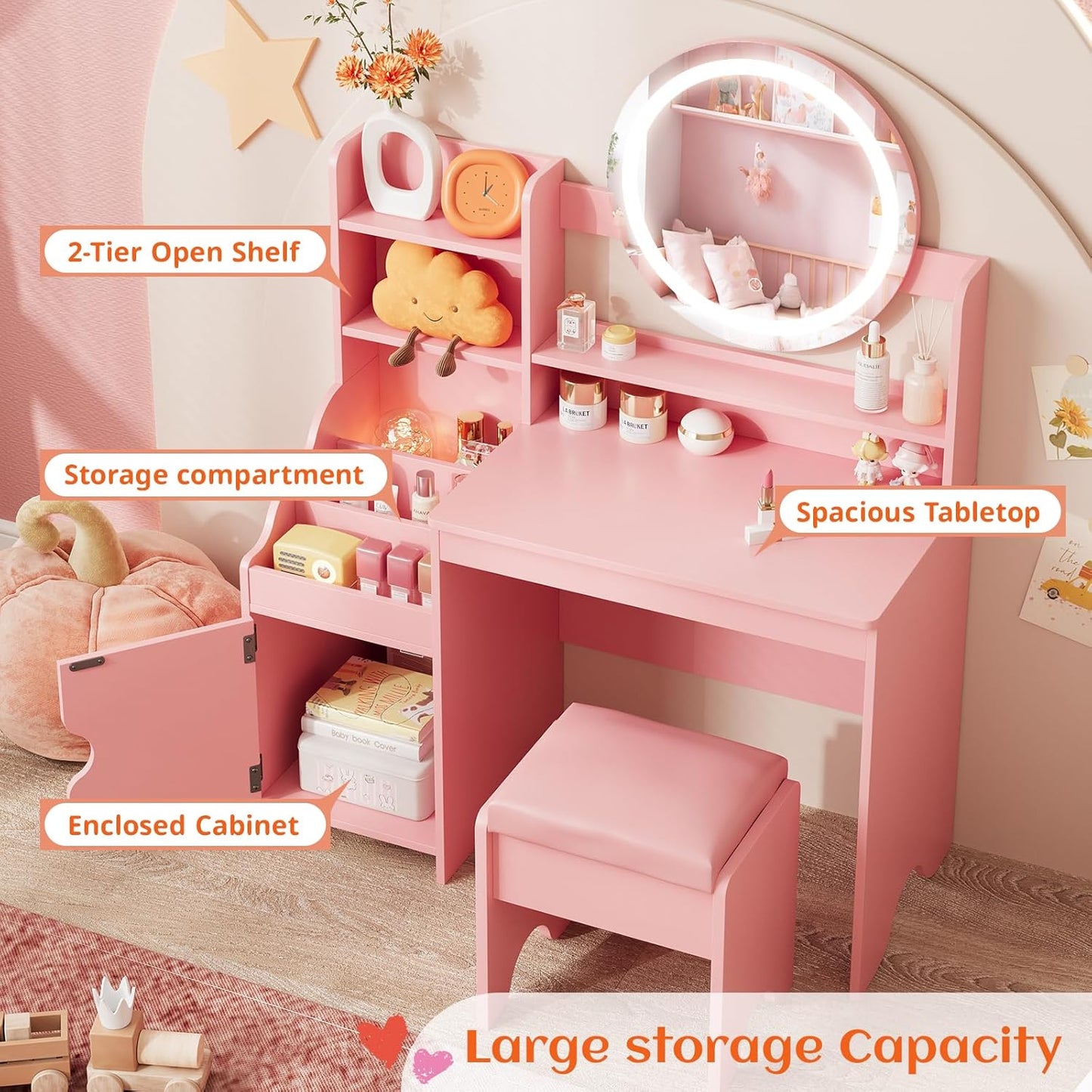 Kids Vanity with Lights, Princess Makeup Vanity Desk with Open Bookshelf, Storage Cabinet & Shelves, Toddler Vanity Table and Chair Set, Pretend Play Vanity Set for Little Girls, Pink