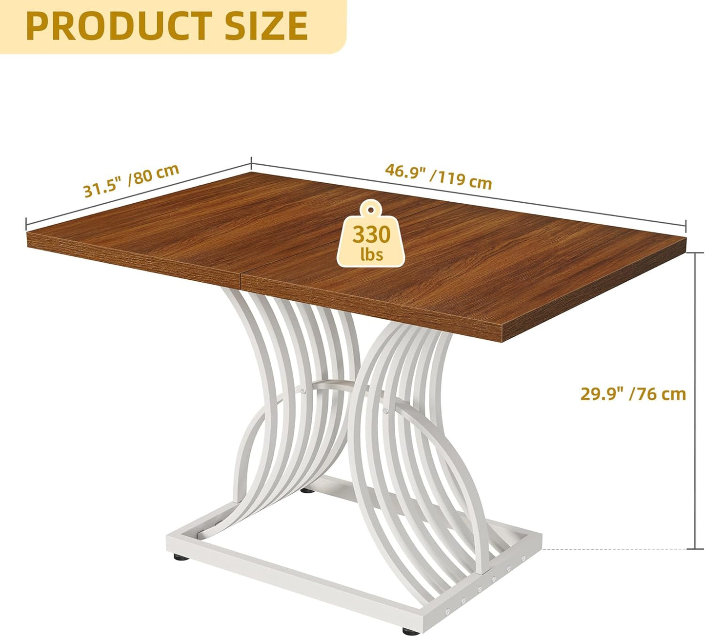 Modern Dining Table for 4 People 47 Inch Rectangular Kitchen Table with Walnut Tabletop and White Geometric Legs Small Dinner Table Kitchen & Dining Room Furniture Brown