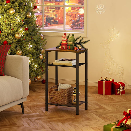 3 Tier End Table, Telephone Table, Narrow Side Table with Storage, Nightstand for Small Spaces, Metal Frame, for Living Room, Bedroom, Sofa Couch, Hall, Easy Assembly, Rustic Brown